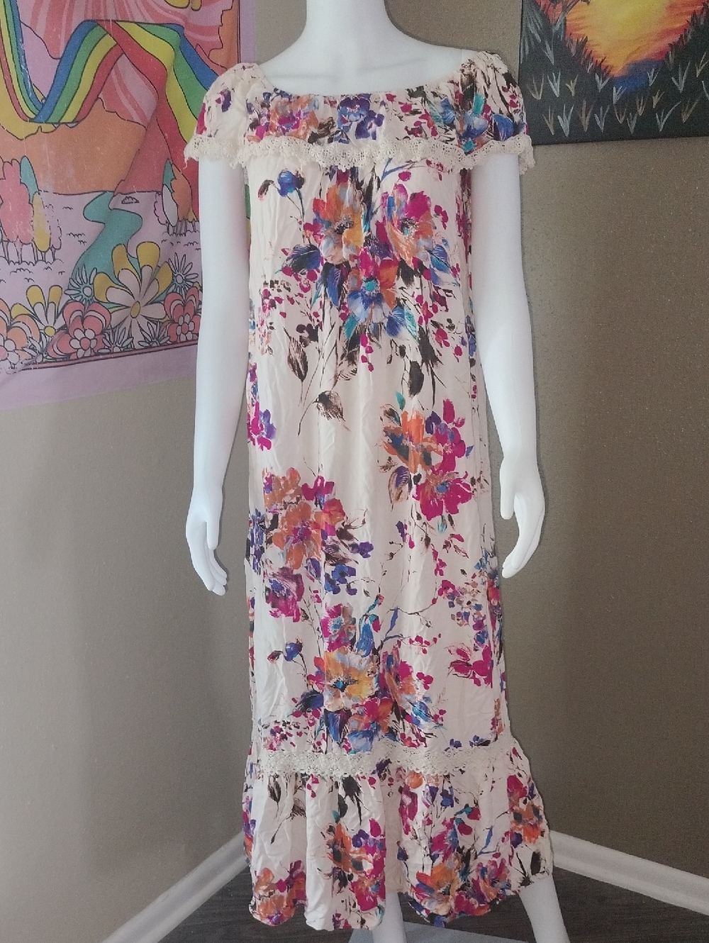 Umgee Cream Off The Shoulder Floral Lace Maxi Dress Sz M - Picture 3 of 6